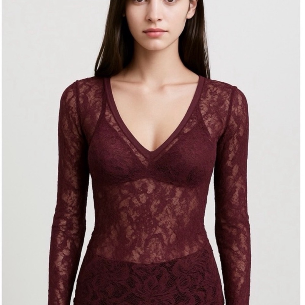 Aritzia Babaton Burgundy Lace Long Sleeve Top